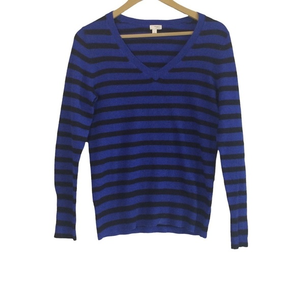 Halogen Size Small 100% Cashmere Blue Black Striped V Neck Sweater Nautical - Picture 1 of 6